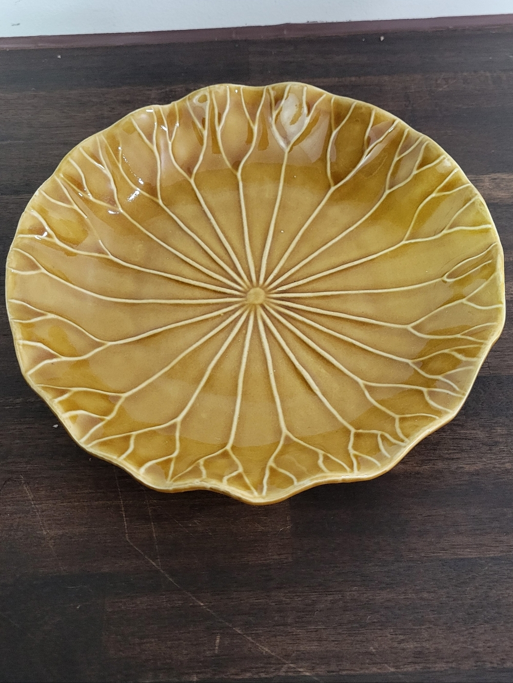 Yellow Ceramic Leaf-Pattern Serving Bowl